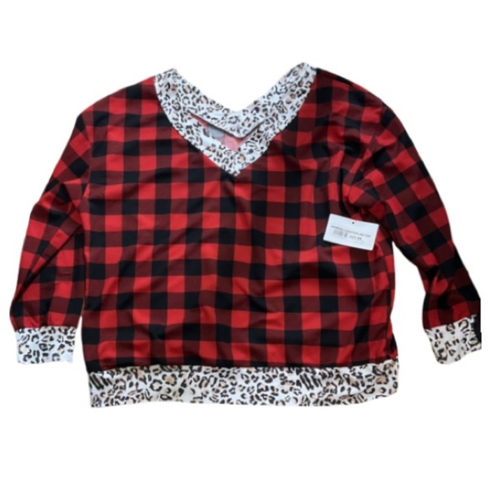 Plaid V-Neck Blouse with Leopard Trim